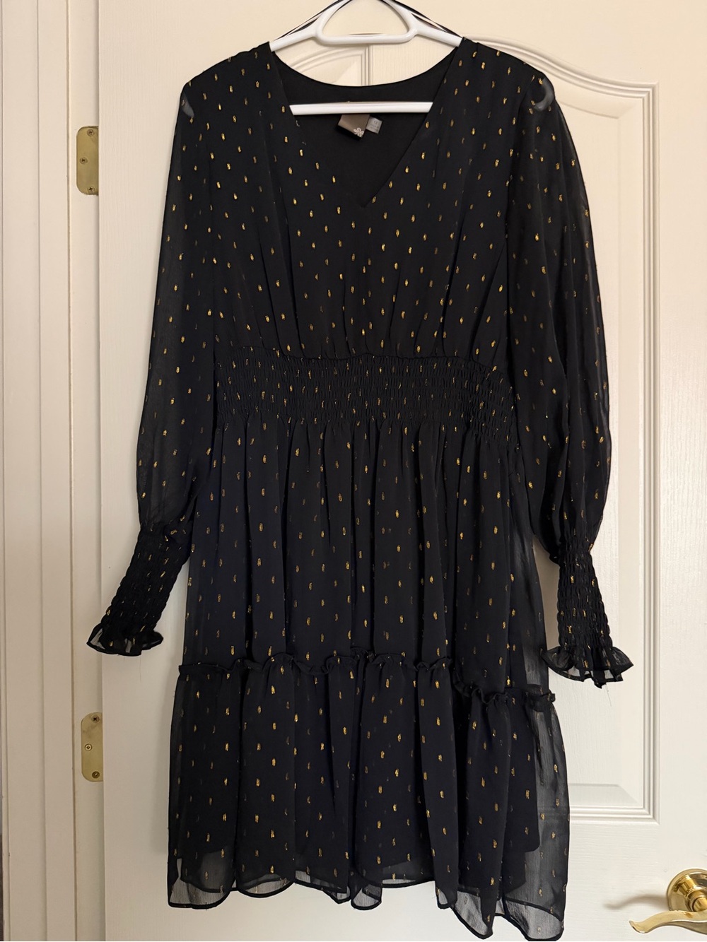 Taylor Black Lantern Sleeve Mini Dress with Gold Dot Accent